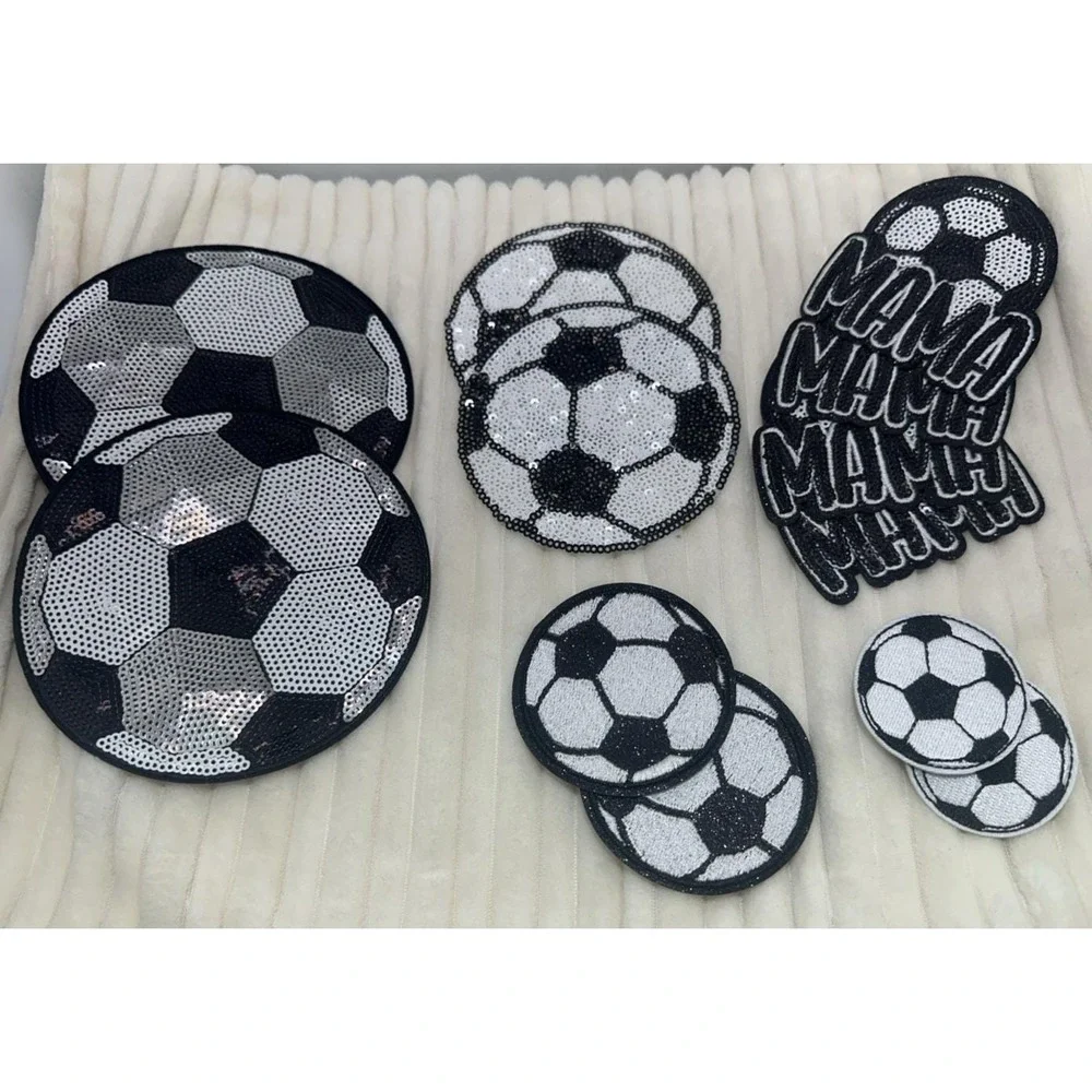 Qty 12 Soccer Ball & Soccer Mama Sew-On Sparkling Black Sequins Decal /Patch NEW
